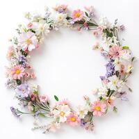 Delicate floral wreath creating a blank space on white background. photo