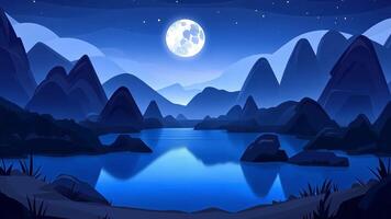 Serene moonlit night over a tranquil lake reflecting the stars and mountainous landscape in the distance video