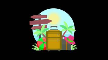 Suitcase, palm trees and a sign pointing to the beach animation video