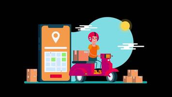 Man on a scooter with a map and boxes animation video