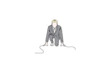Hand Drawn One Line Businessman Preparing to Sprint on a Running Track, Minimalist Line Art Outline Drawing With Color, Symbolizing Competitive Business Race Challenge video