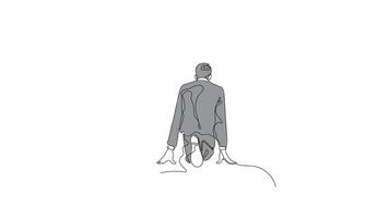 Hand Drawn One Line Animation of a Businessman Preparing to Sprint on a Running Track, Minimalist Line Art Outline Drawing With Color, Symbolizing a Competitive Business Race. video