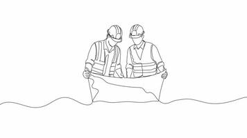 Hand Drawn One Line Animation of Two Young Architects Explaining Building Design Blueprint to Contractor, Minimalist Line Art Outline Drawing, Teamwork in Architecture and Construction Industry video