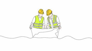 Hand Drawn One Line Animation of Two Young Architects Explaining Building Design Blueprint to Contractor, Minimalist Line Art Outline Drawing with Color, Construction Collaboration Scene video