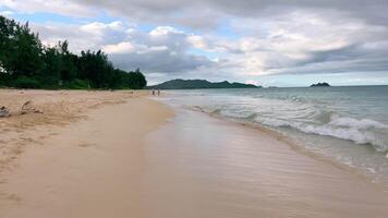 A tranquil Hawaiian beach with soft waves gently washing the golden sand, dramatic clouds above and distant islands lining the calm ocean horizon video