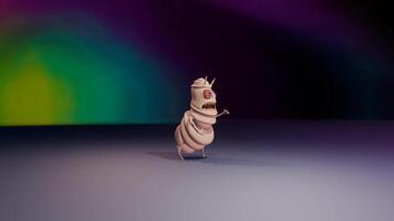 A cartoon worm standing in front of a colorful background video