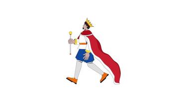 Majestic king walking with scepter 2D character animation. Medieval costume, monarchy. Historical ruler regal man dressed in royal attire animated person cartoon 4K isolated on white transparent video