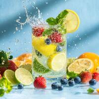 Sparkling water with lime and berries creates a refreshing splash in healthy infused water for a vibrant drink option photo