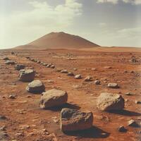 Exploring the barren landscape of Mars revealing the Martian surface and its unique red planet features under the vastness of distant space photo