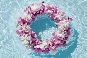 Spring wreath floats gracefully on tranquil water surrounded by gentle bubbles reflecting sunlight creating a serene outdoor atmosphere photo