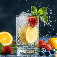 Enjoy a refreshing glass of healthy infused water with sparkling water, lemon, and berries while witnessing the splashing of refreshing bubbles photo