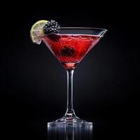 Elegant alcohol cocktail served in a martini glass against a dark background, showcasing a vibrant blend of colors and garnished with fresh blackberries and lime for a sophisticated bar experience photo