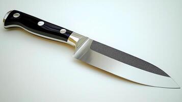 A sharp stainless steel chef's knife with a sleek black handle rests against a light-colored background photo