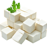 Cubes of tofu garnished fresh parsley neatly arranged on a white plate for serving. png