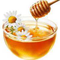 Cup of honey tea chamomile flowers floating gently enhancing its soothing calming aroma. png