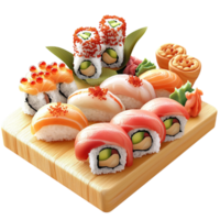 Assorted sushi rolls neatly arranged on a wooden platter png