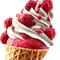 Delicious raspberry ice cream in a waffle cone whipped cream png