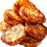 Crispy golden hash browns stacked on top of each other png