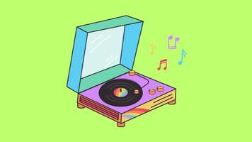 An illustration of a record player and music notes video