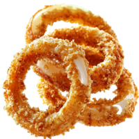 Crispy golden onion rings stacked in a circular pattern png