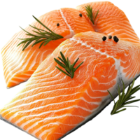 Fresh salmon fillets garnished herbs placed on a white plate png