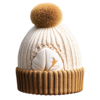 Warm knitted beanie hat a soft fluffy pompom on top png