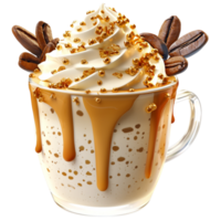 Creamy caramel frappuccino topped whipped cream cinnamon sticks offers a delightful, refreshing, indulgent coffeebased sweet treat. png