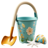 Small beach bucket accompanied by a sturdy shovel scattered seashells creates a playful charming seaside scene. png
