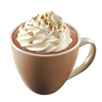 Steaming hot chocolate poured into a ceramic mug, topped creamy whipped delight cocoa dusting. png