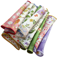 Soft colorful towels folded neatly, displaying various beautiful patterns, textures, decorative embroidered designs. png