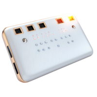 Sleek white power bank featuring an intricate blue pattern a modern charging port, ensuring efficient device power backup. png