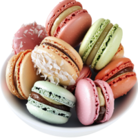Colorful assortment of macarons featuring a crunchy shell a soft, creamy filling, delivering a delightful burst of sweetness. png
