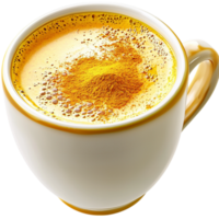 Delicious golden turmeric latte served in a ceramic cup frothy milk, offering warmth wellness benefits. png