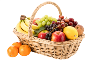 Wicker Basket Overflowing with Fresh Fruit Apples, Bananas, Grapes, Oranges, and Lemon png