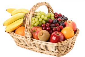 Wicker Basket of Fresh Fruit Bananas, Apples, Grapes, Oranges, Kiwi png