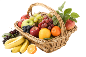 Fresh Fruit Basket Apples, Grapes, Bananas, Oranges in Wicker Basket png