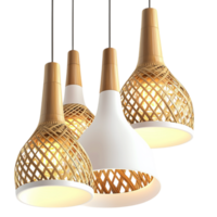 Stylish woven rattan pendant lamp emitting a golden warm glow, adding modern aesthetic appeal to interior spaces. png