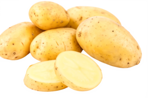 Fresh Yellow Potatoes, Closeup of Whole and Sliced Potatoes png
