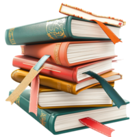 Pile of open books flipping pages colorful bookmarks inserted, creating an inspiring literary atmosphere. png