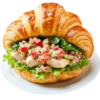 Flaky buttery croissant swich filled generously crisp lettuce deliciously creamy seafood salad filling. png