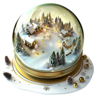 Enchanting winter snow globe featuring a miniature snowy village surrounded by frosted pine trees inside glass. png