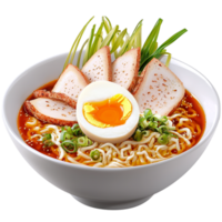 Authentic Japanese ramen bowl garnished perfectly sliced eggs crispy seaweed pieces floating in savory broth. png