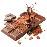 Delicious Melted Dark Chocolate Bar with Cocoa Powder and Beans png
