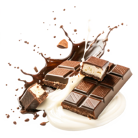 Delicious Milk Chocolate Bar with Creamy Filling Splashing in Milk and Chocolate png