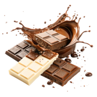 Delicious Milk, Dark White Chocolate Bars Splashing in Melted Chocolate png