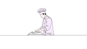 Hand Drawn One Line Animation Of A Chef Slicing Ingredients On A Cutting Board In Kitchen, Minimalist Line Art Continuous Outline Drawing With Color. Concept of Cooking Prep. video