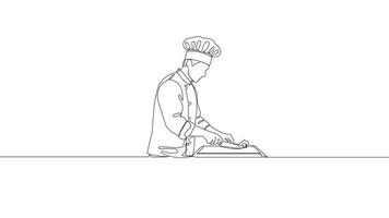Hand Drawn One Line Animation Of A Chef Slicing Ingredients On A Cutting Board In A Modern Kitchen, Minimalist Line Art Continuous Outline Drawing. Concept of Culinary Skill and Food Prep. video