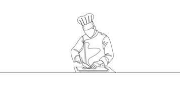 Hand Drawn One Line Animation Of A Chef Carefully Cutting Vegetables On A Kitchen Counter, Continuous Outline Drawing. Concept of Cooking, Culinary Skills, Food Preparation video