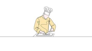 Hand Drawn One Line Animation Of A Chef Carefully Cutting Vegetables On A Kitchen Counter, Continuous Outline Drawing With Color. Concept of Cooking, Culinary Art, Meal Prep video