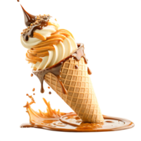 Delicious Caramel and Chocolate Ice Cream Cone with Sauce Splash png